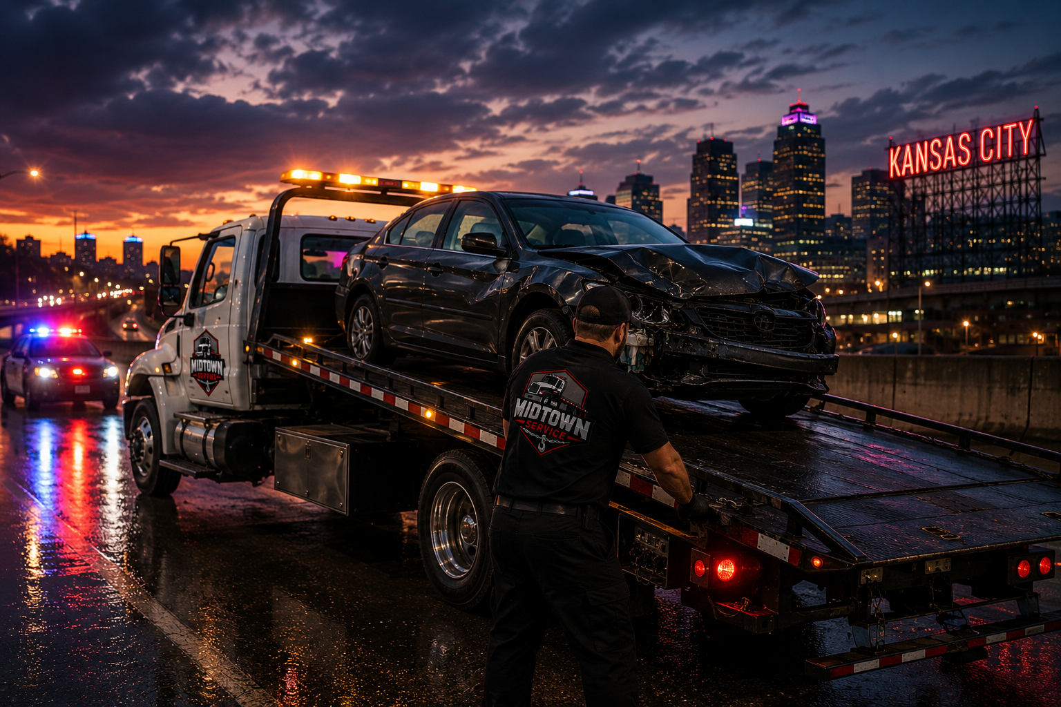 Midtown Service tow truck recovering a damaged vehicle in Kansas City